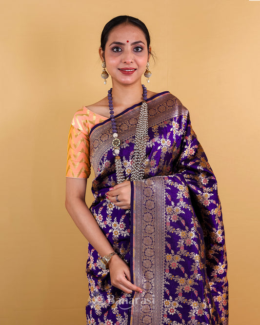 Magenta Floral Meenedar Katan Banarasi Silk Saree