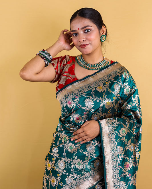 Bottle Green Floral Meenedar Katan Banarasi Silk Saree