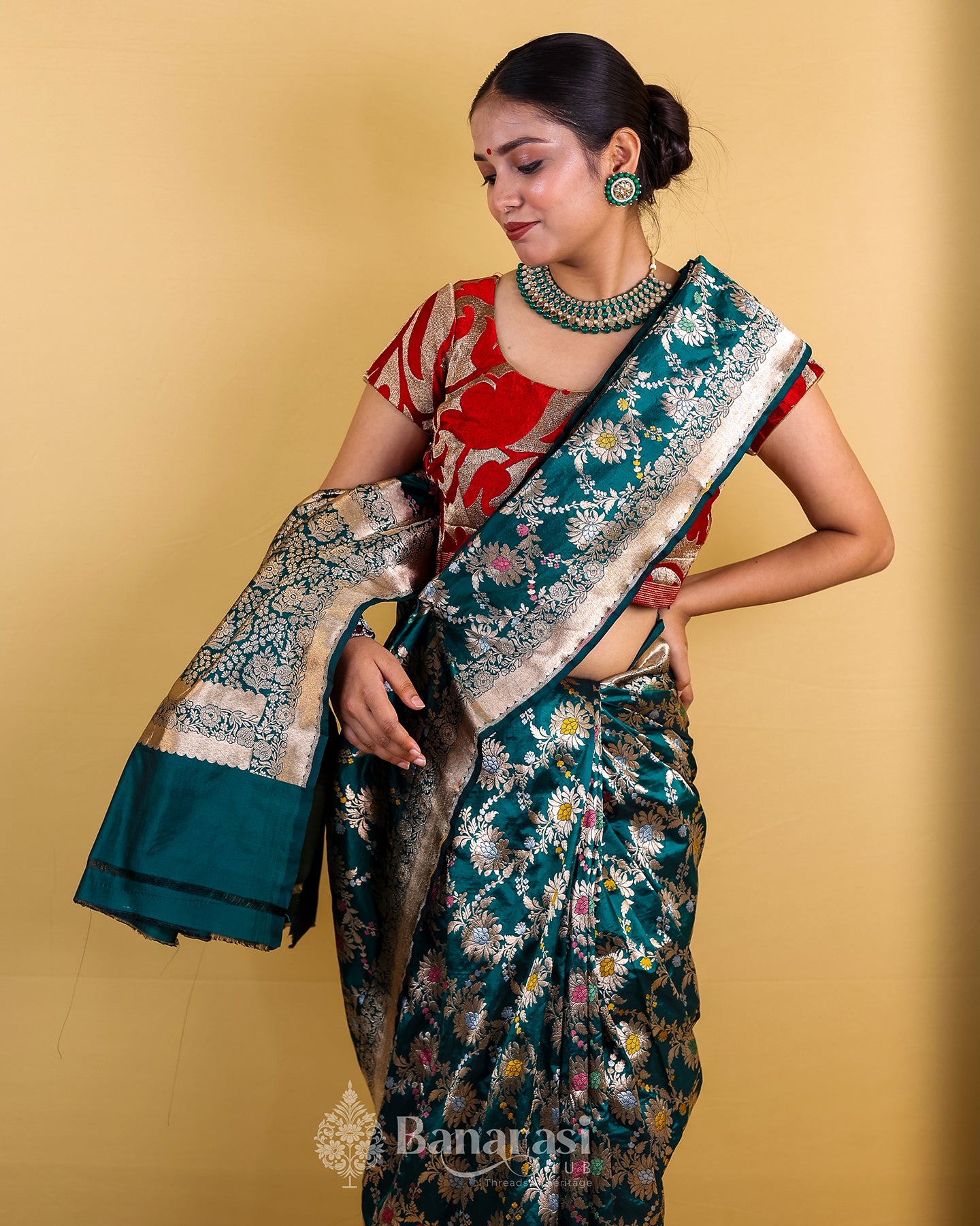 Bottle Green Floral Meenedar Katan Banarasi Silk Saree