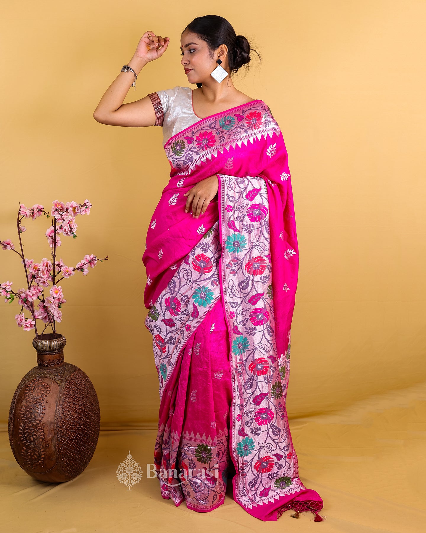 Hot Pink Paithani Tussar Banarasi Khaddi Silk Saree