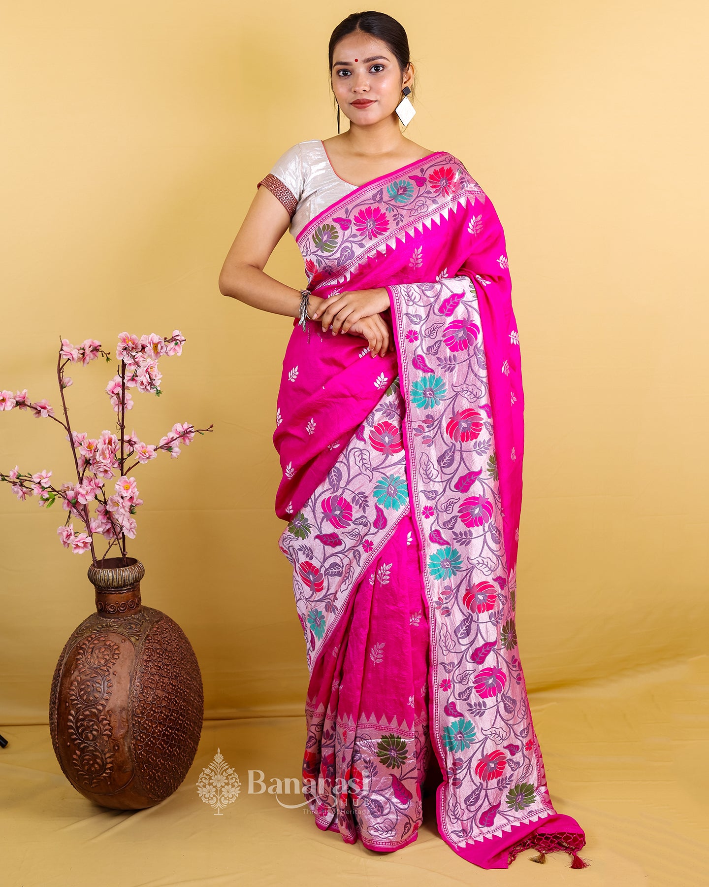 Hot Pink Paithani Tussar Banarasi Khaddi Silk Saree