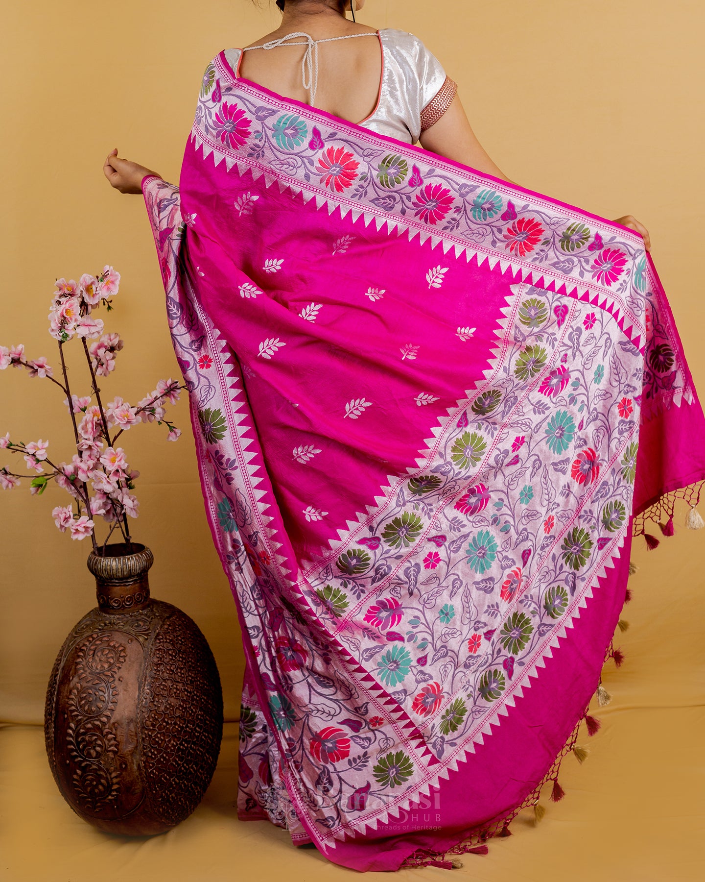 Hot Pink Paithani Tussar Banarasi Khaddi Silk Saree