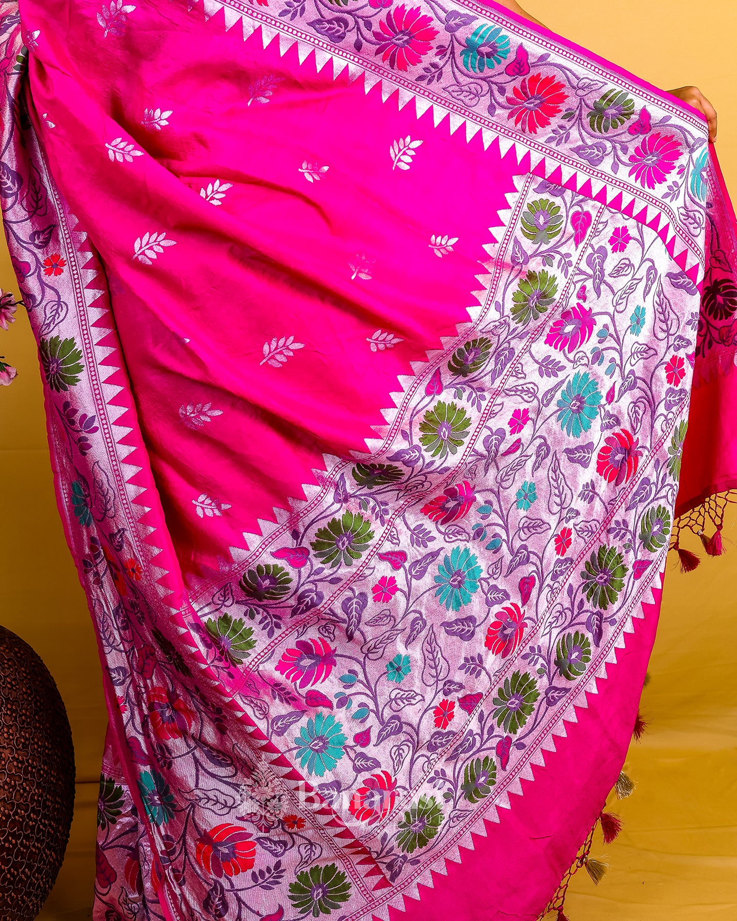 Hot Pink Paithani Tussar Banarasi Khaddi Silk Saree