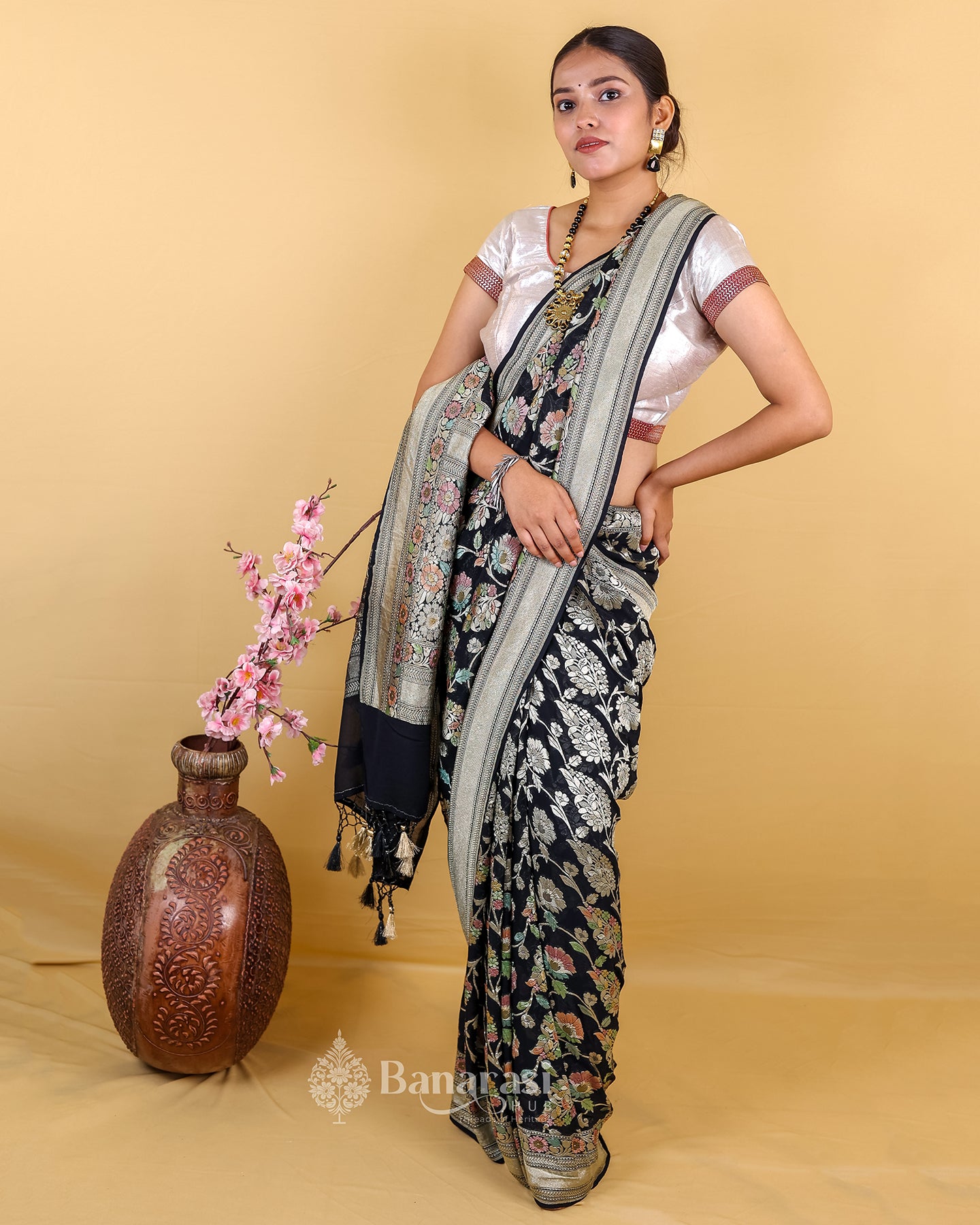 Black Meenakari Khaddi Banarasi Georgette Silk Saree