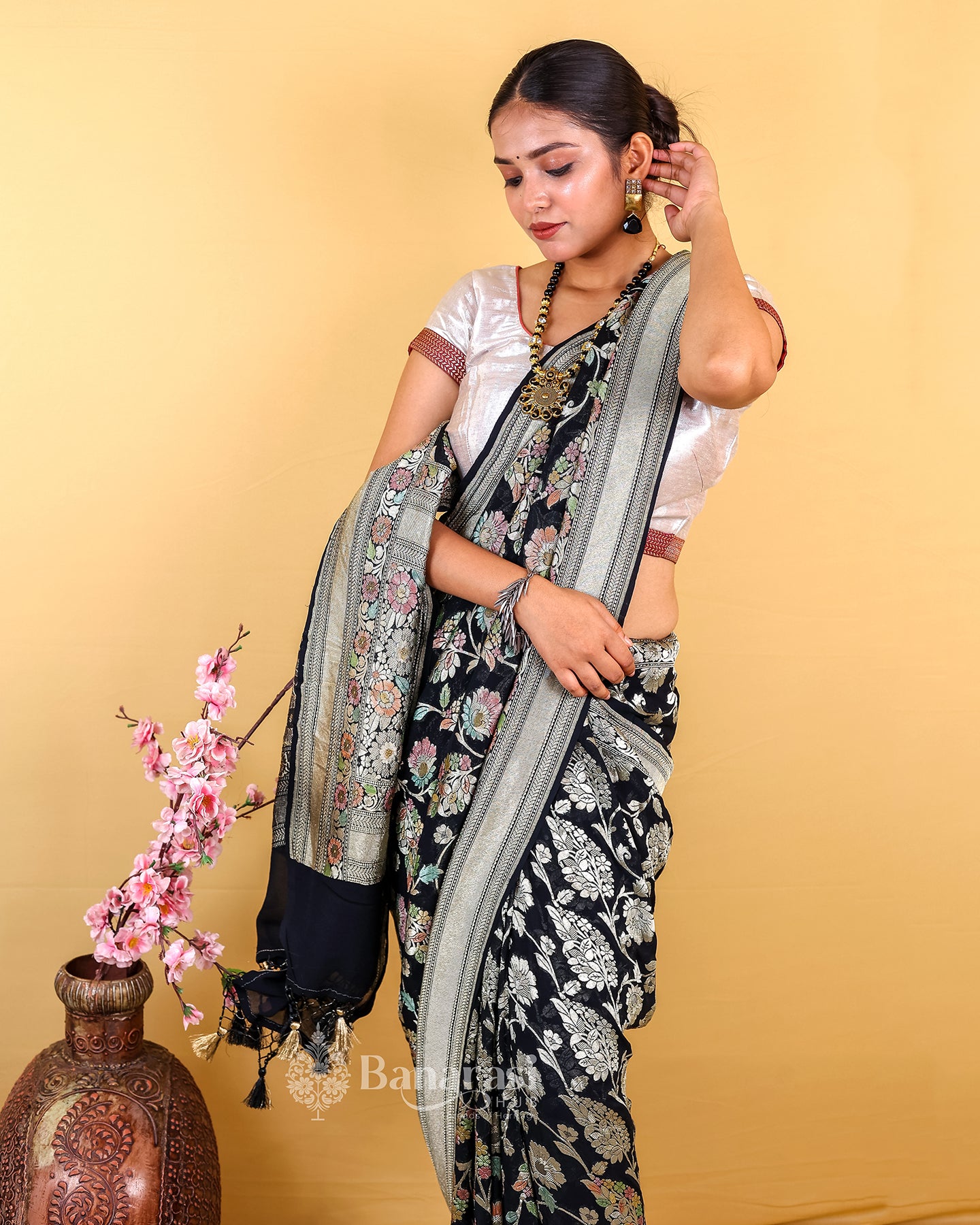 Black Meenakari Khaddi Banarasi Georgette Silk Saree