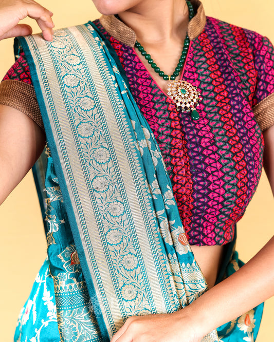 Dark Green Floral Meenedar Katan Banarasi Silk Saree