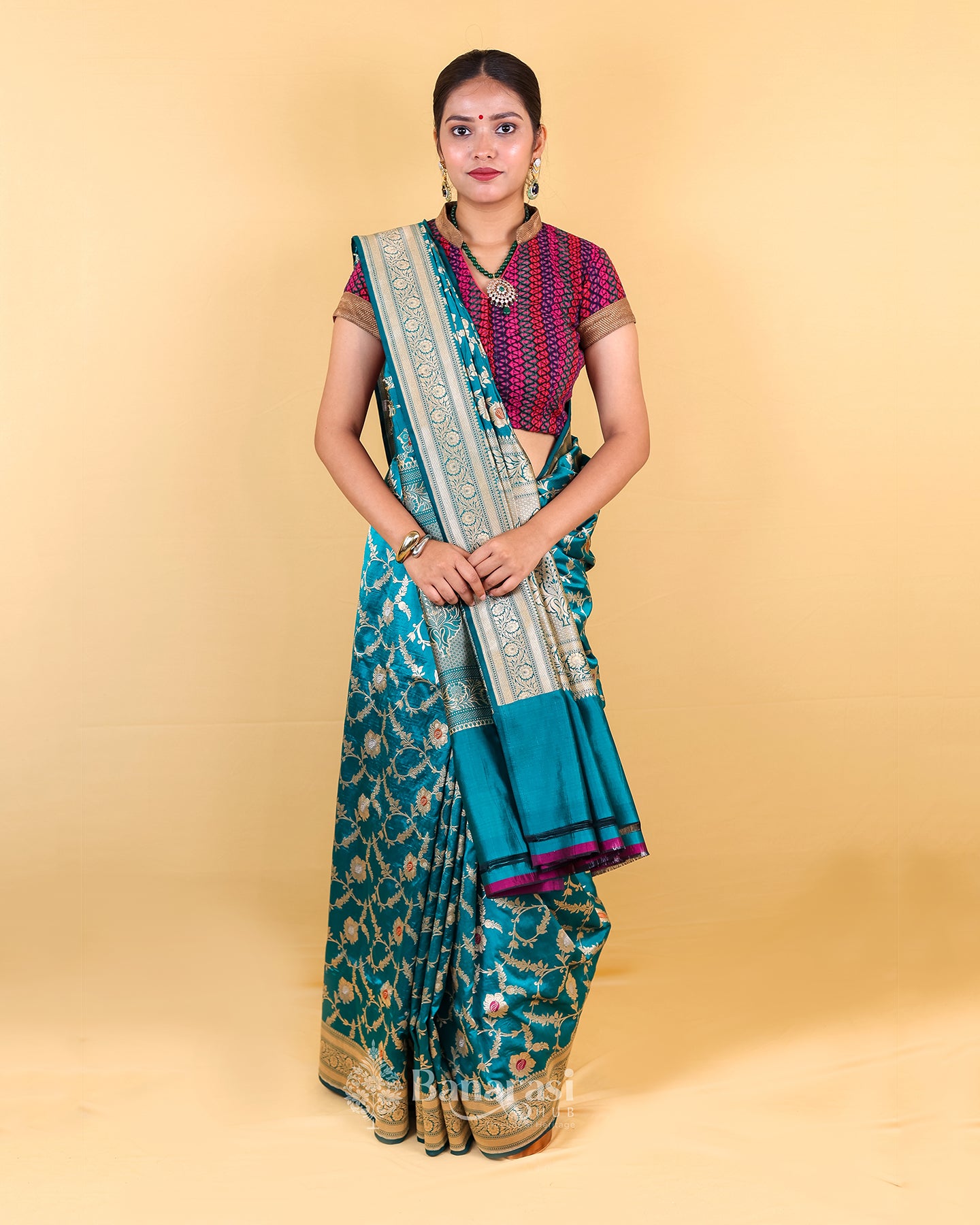 Dark Green Floral Meenedar Katan Banarasi Silk Saree