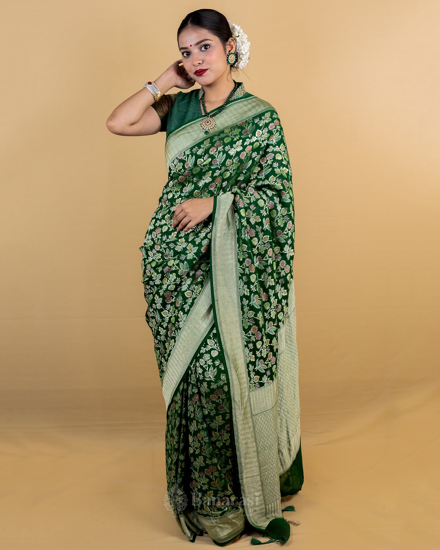 Forest Green Meenakari Khaddi Banarasi Georgette Silk Saree