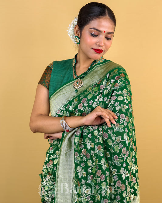 Forest Green Meenakari Khaddi Banarasi Georgette Silk Saree