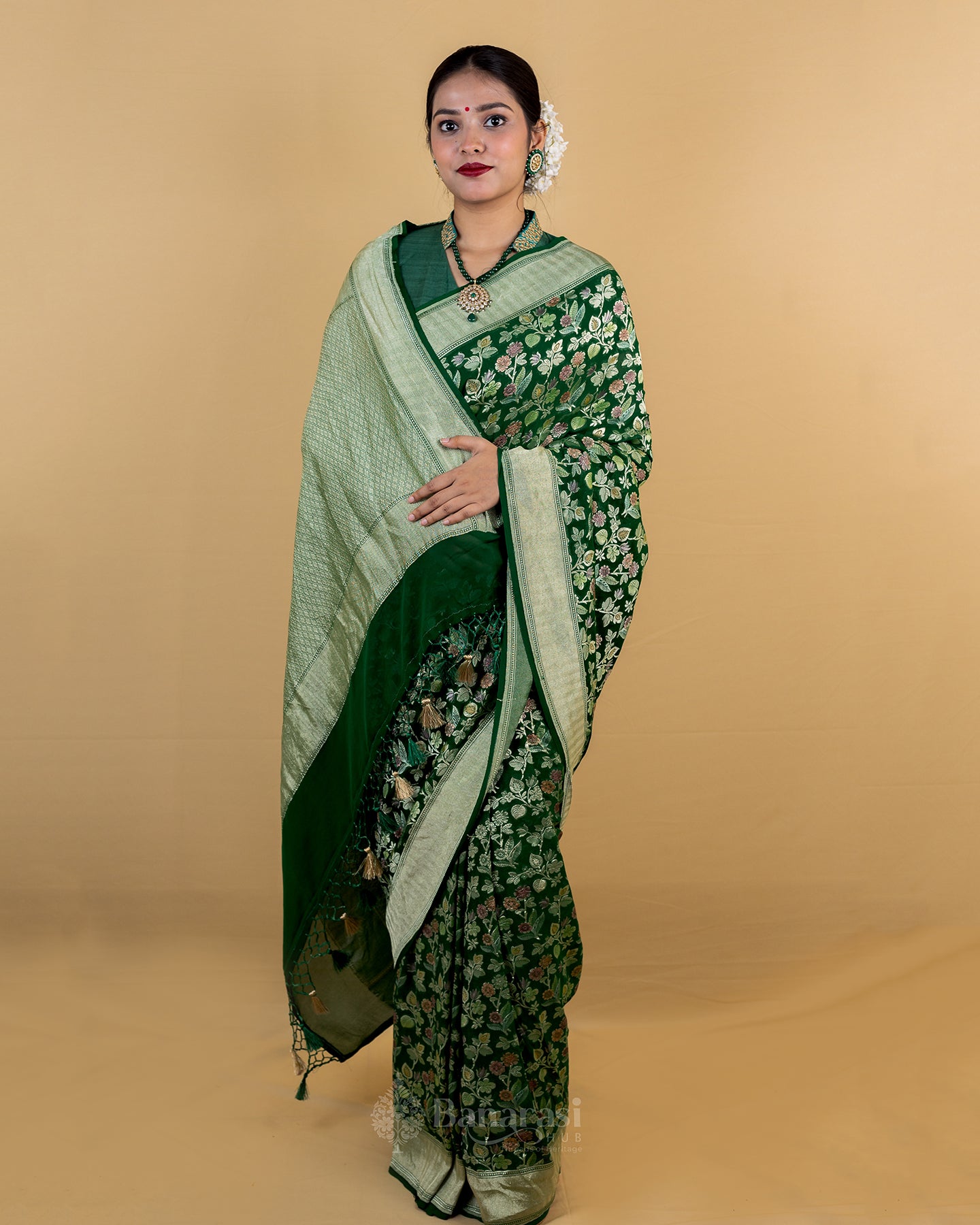 Forest Green Meenakari Khaddi Banarasi Georgette Silk Saree