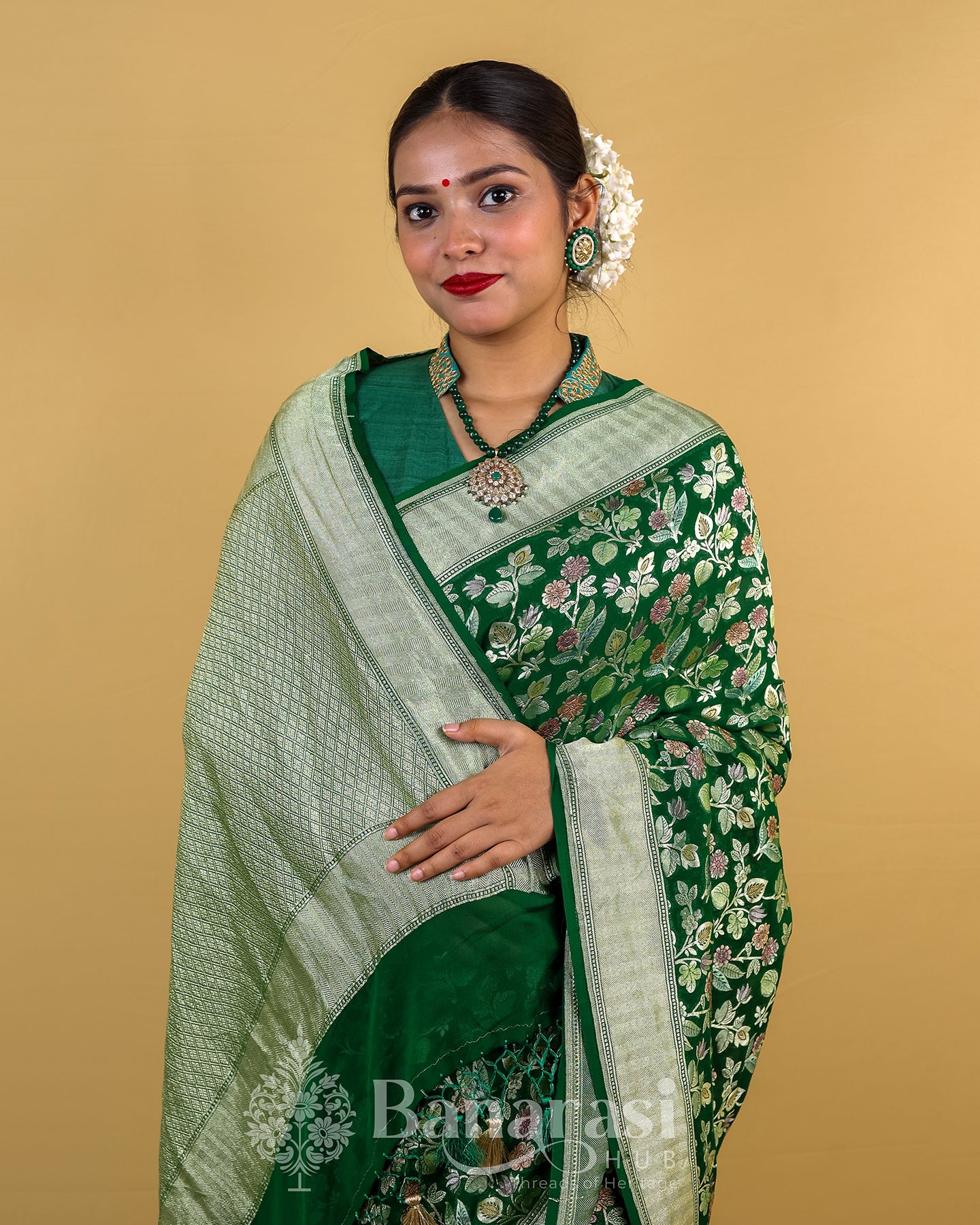 Forest Green Meenakari Khaddi Banarasi Georgette Silk Saree