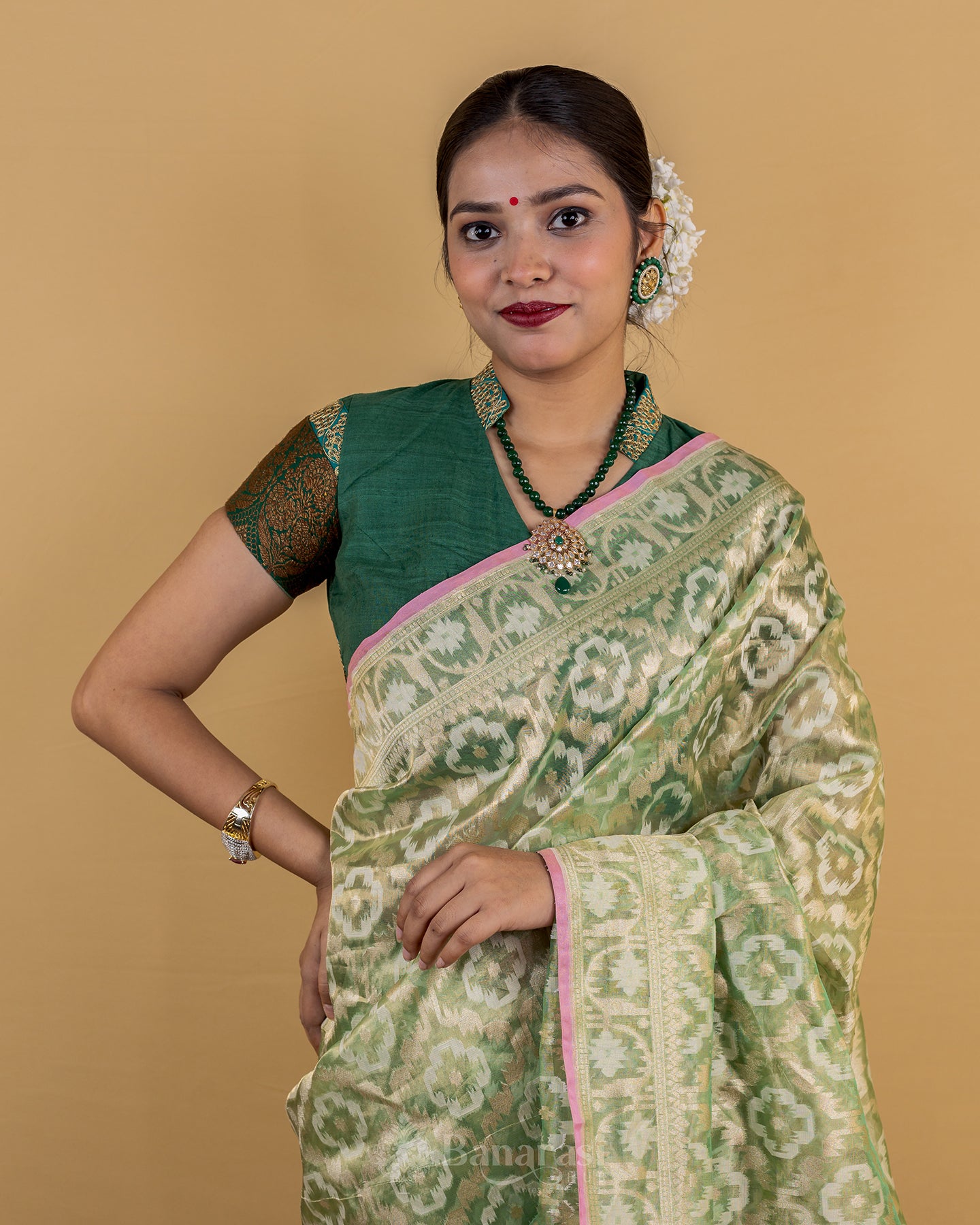 Metallic Liril Green Handwoven Tissue Banarasi Silk Saree