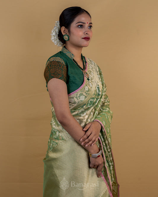 Metallic Liril Green Handwoven Tissue Banarasi Silk Saree