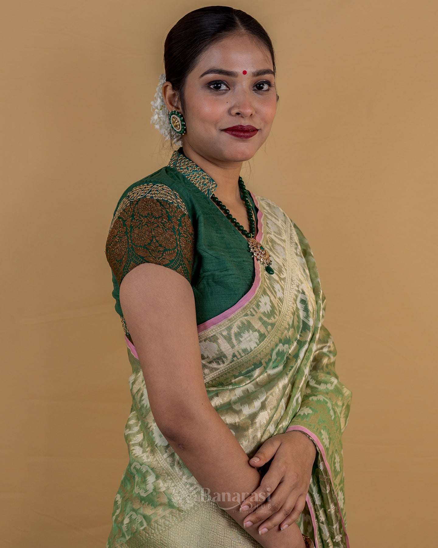 Metallic Liril Green Handwoven Tissue Banarasi Silk Saree