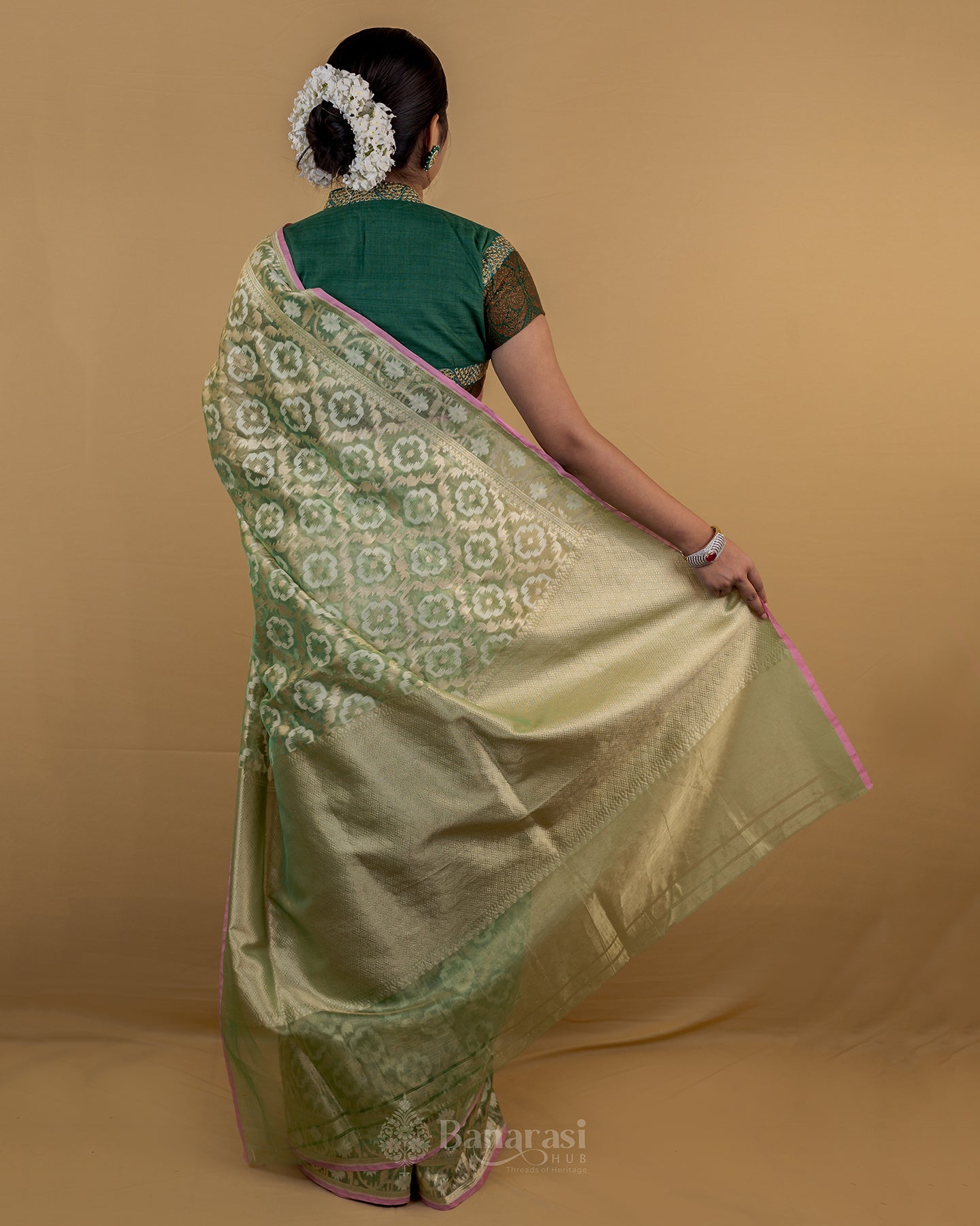 Metallic Liril Green Handwoven Tissue Banarasi Silk Saree