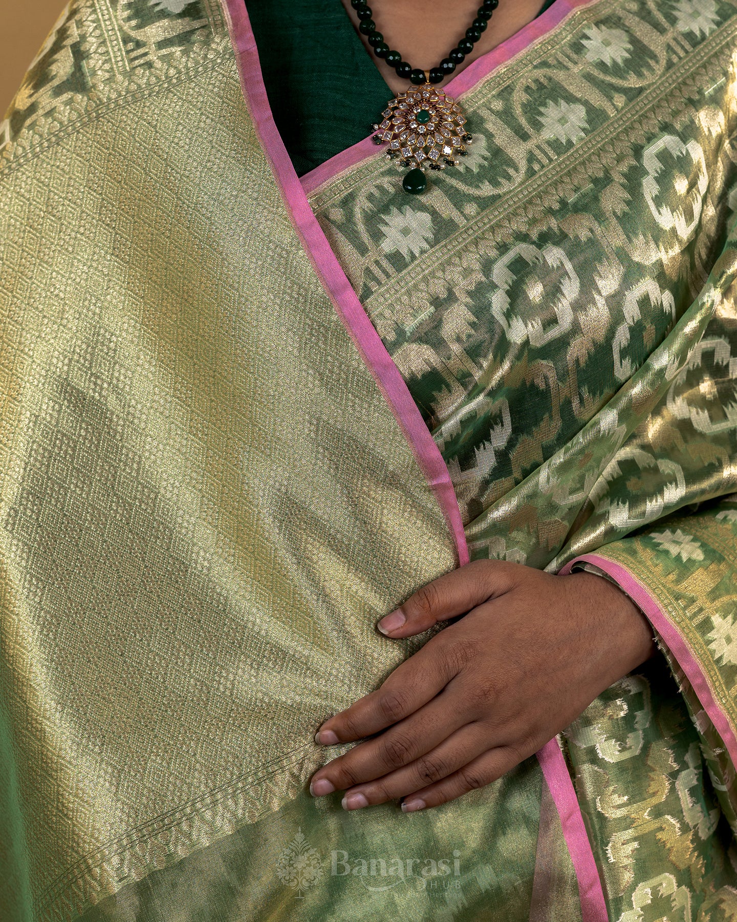 Metallic Liril Green Handwoven Tissue Banarasi Silk Saree