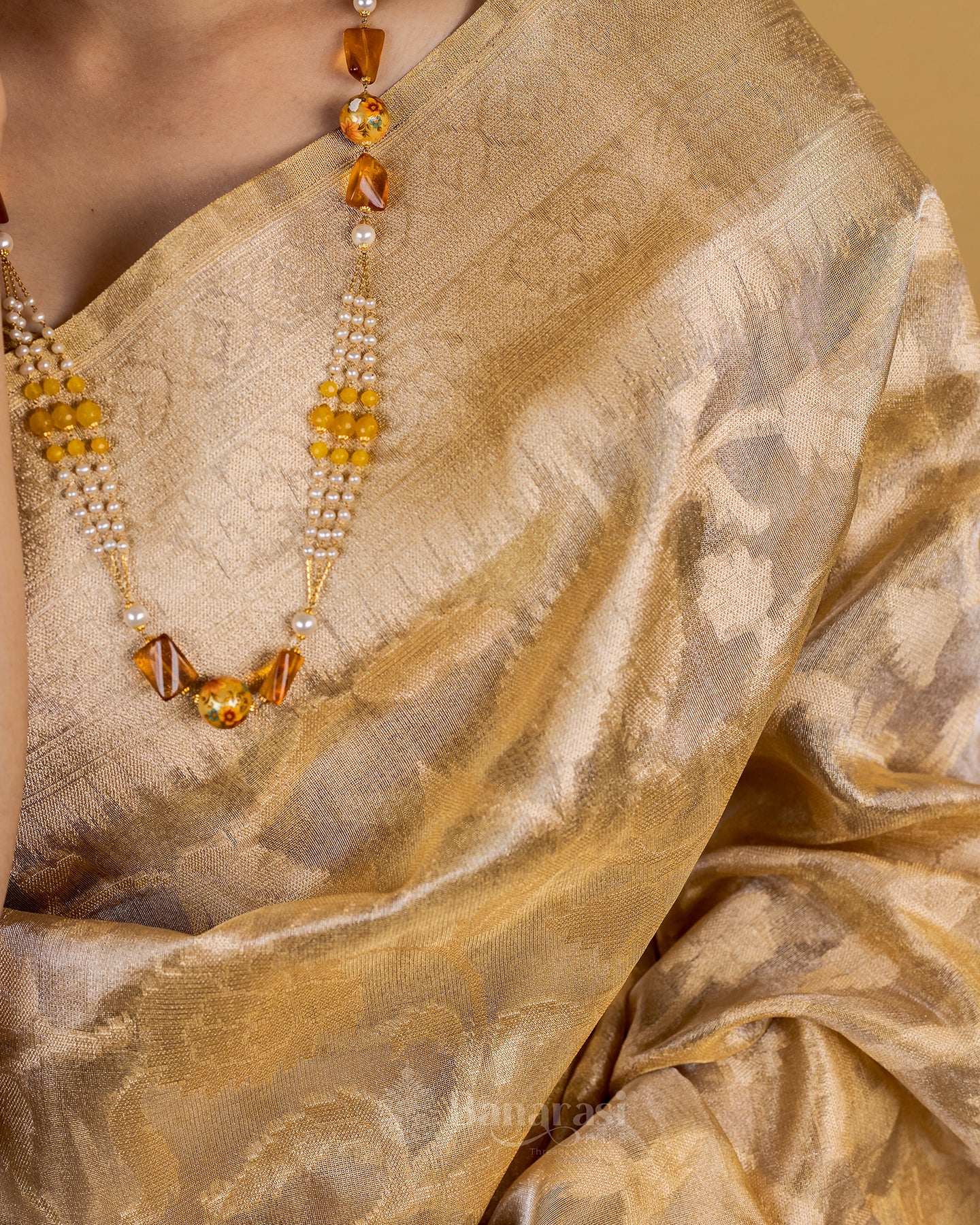 Beige Floral Jaal Handwoven Tissue Banarasi Silk Saree
