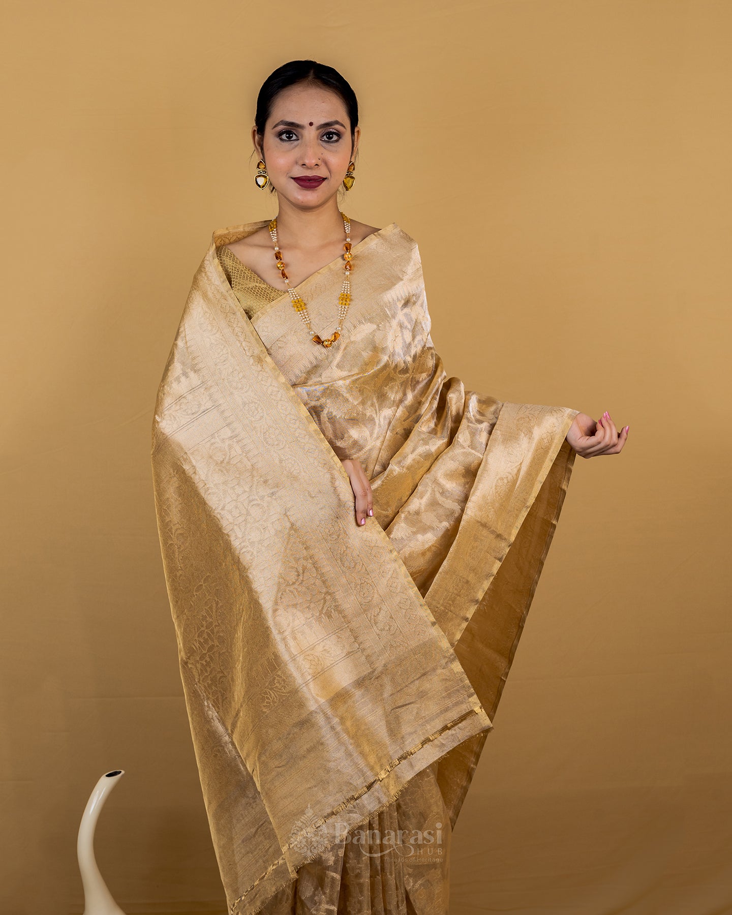 Beige Floral Jaal Handwoven Tissue Banarasi Silk Saree