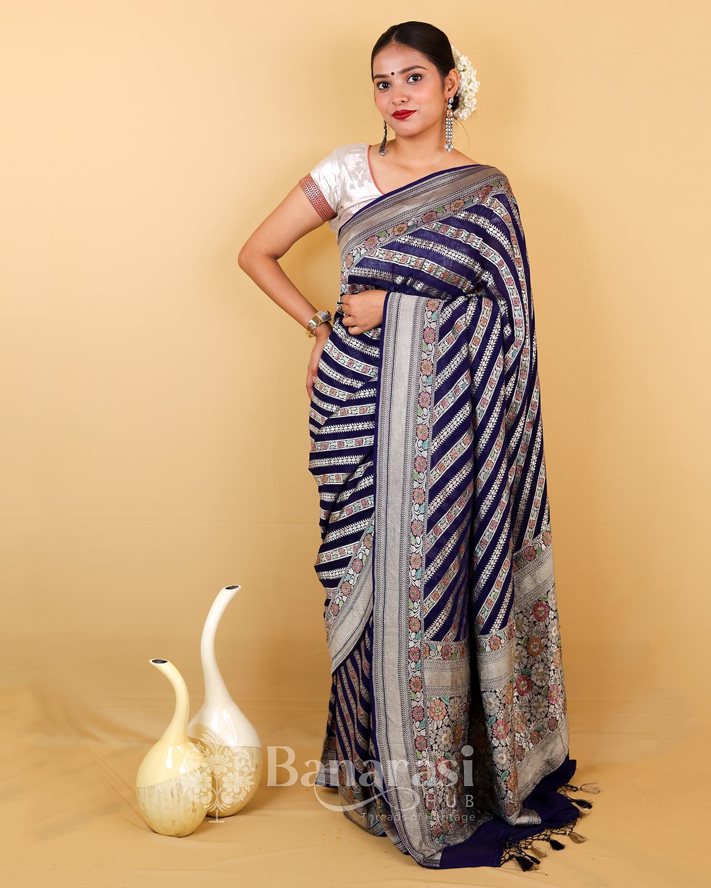 Navy Blue Meenakari Khaddi Banarasi Georgette Silk Saree