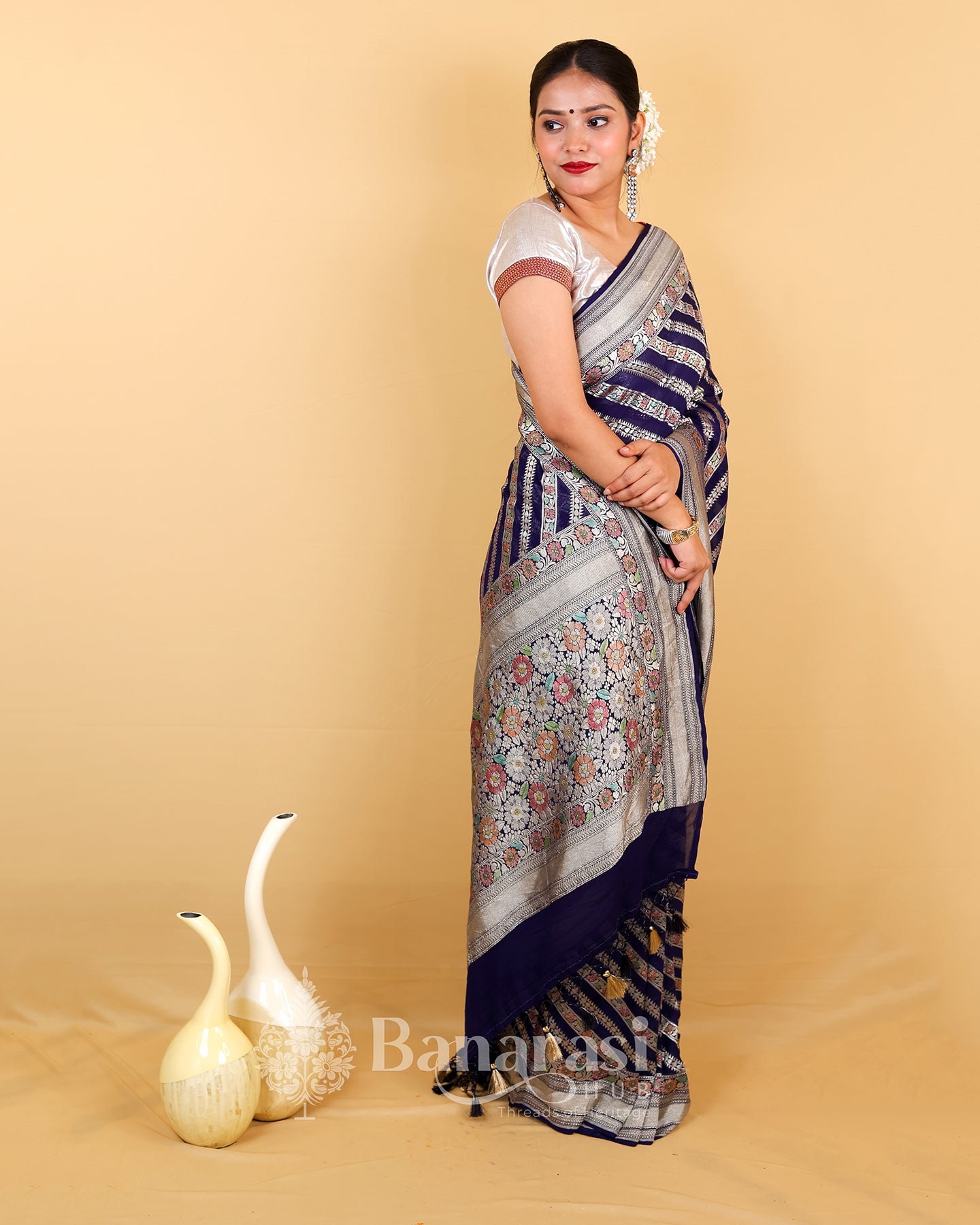 Navy Blue Meenakari Khaddi Banarasi Georgette Silk Saree