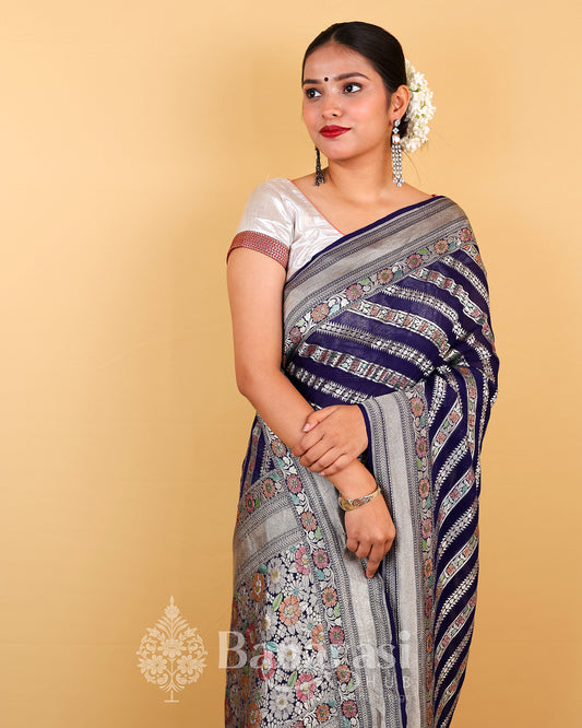 Navy Blue Meenakari Khaddi Banarasi Georgette Silk Saree