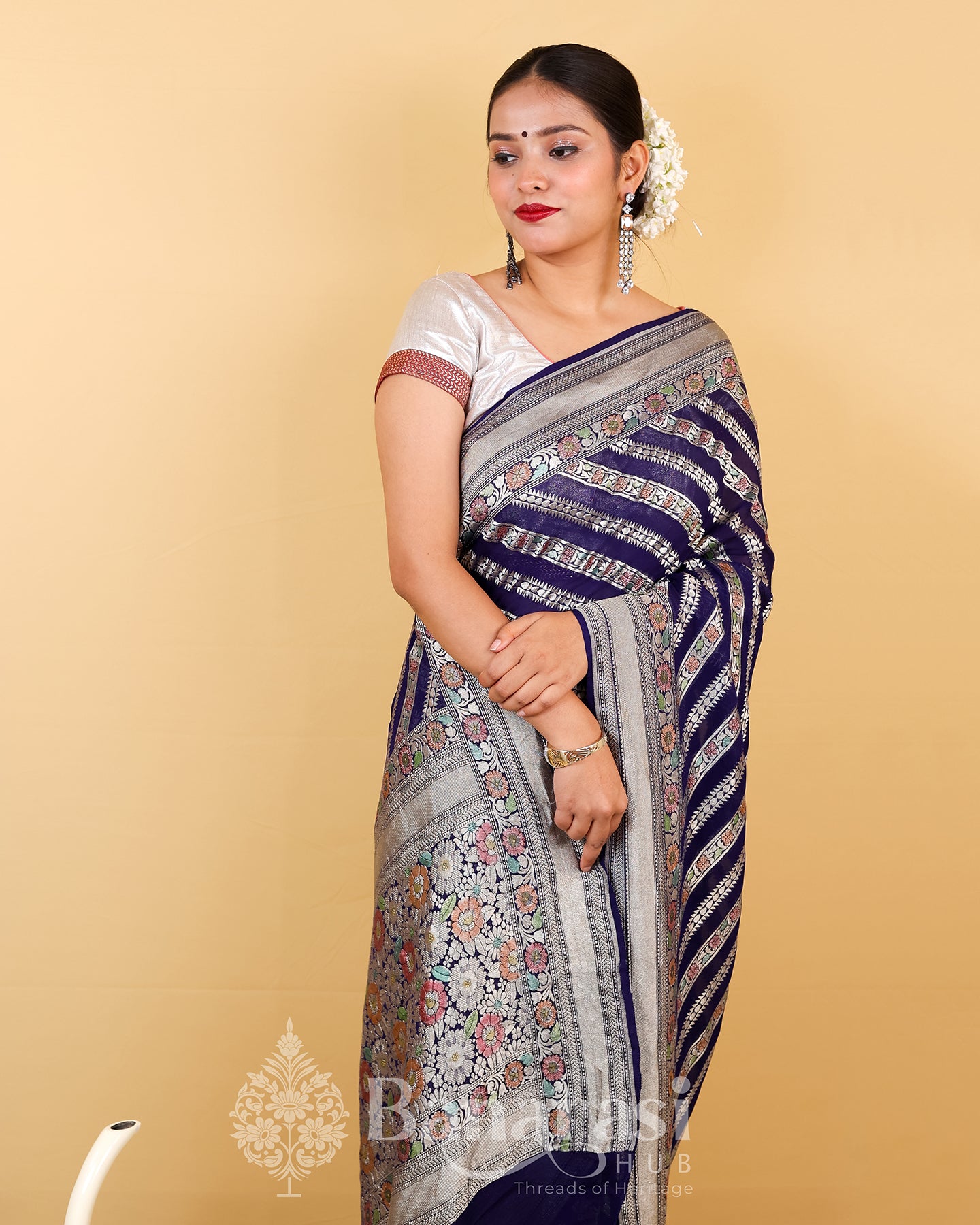 Navy Blue Meenakari Khaddi Banarasi Georgette Silk Saree