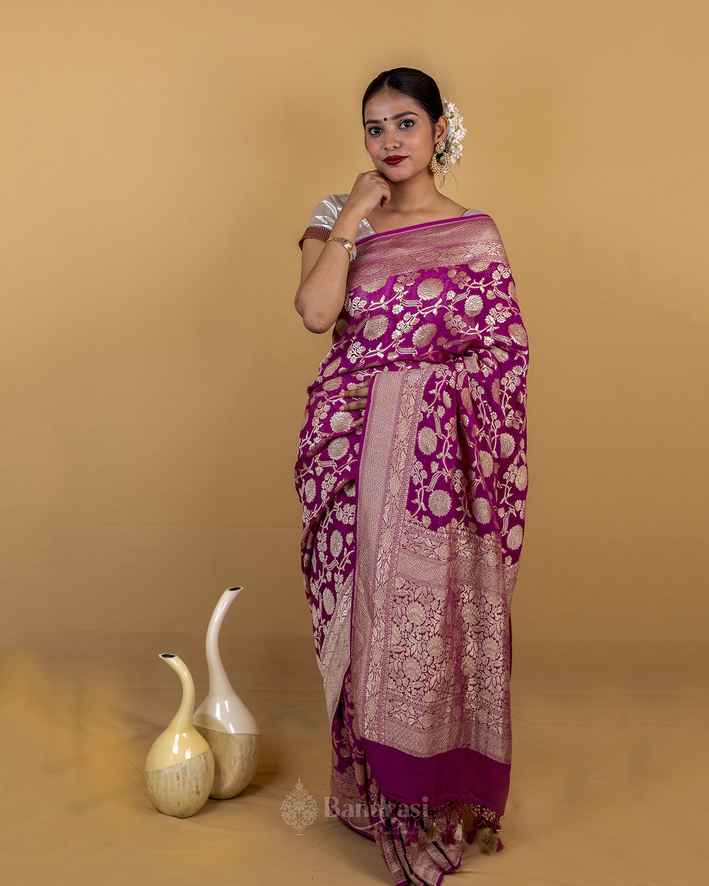 Purple Floral Handwoven Khaddi Banarasi Georgette Silk Saree
