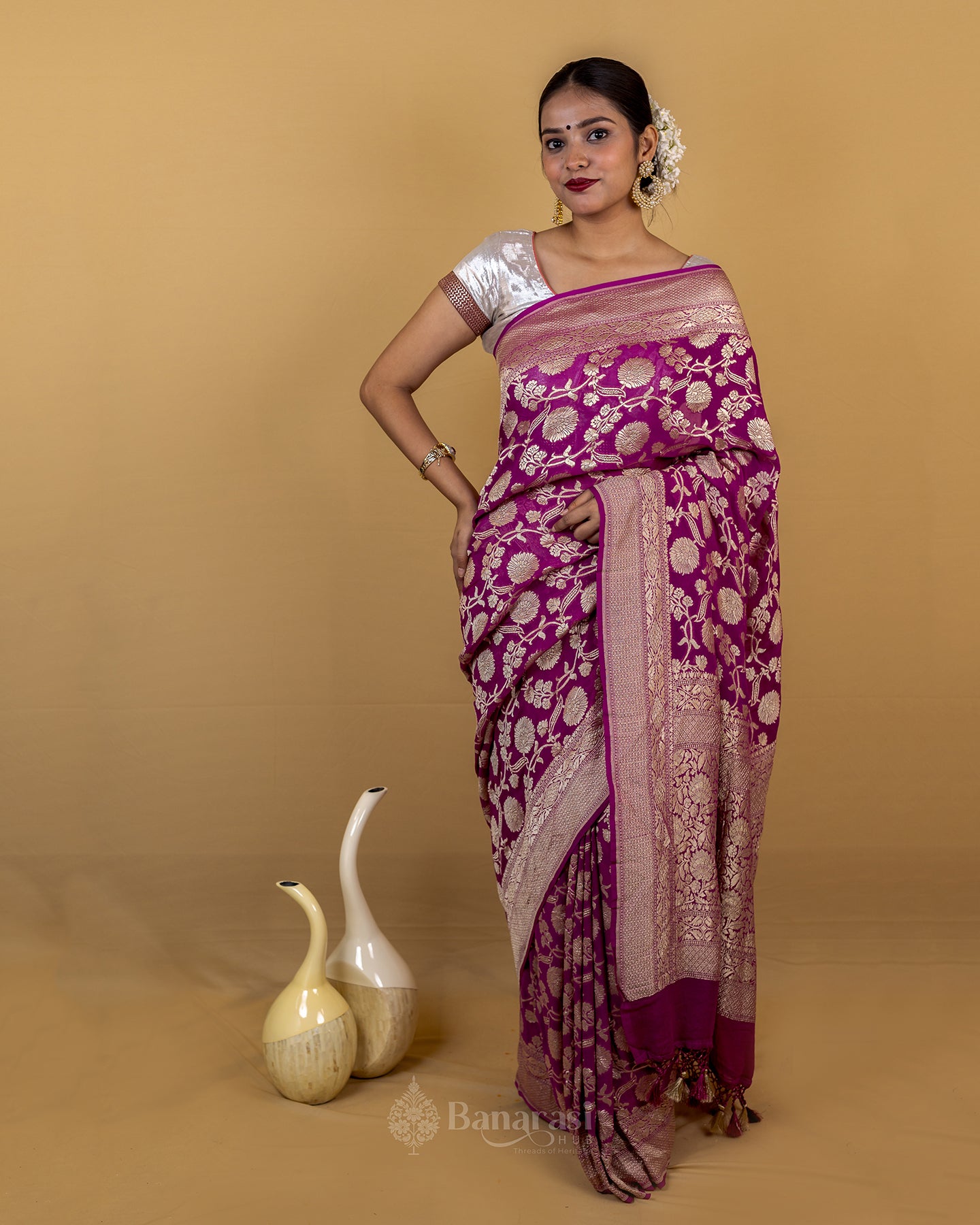 Purple Floral Handwoven Khaddi Banarasi Georgette Silk Saree