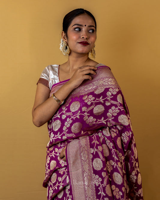 Purple Floral Handwoven Khaddi Banarasi Georgette Silk Saree