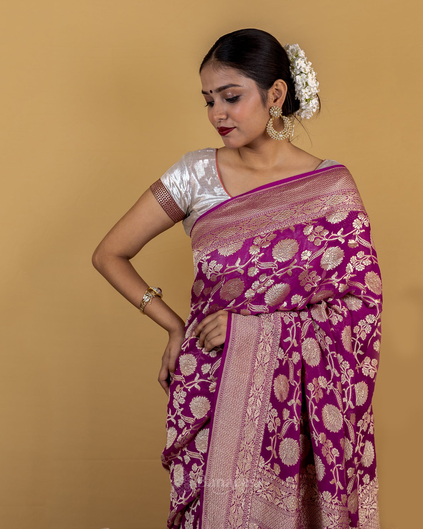 Purple Floral Handwoven Khaddi Banarasi Georgette Silk Saree