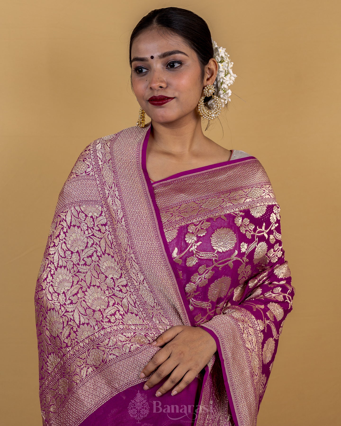 Purple Floral Handwoven Khaddi Banarasi Georgette Silk Saree