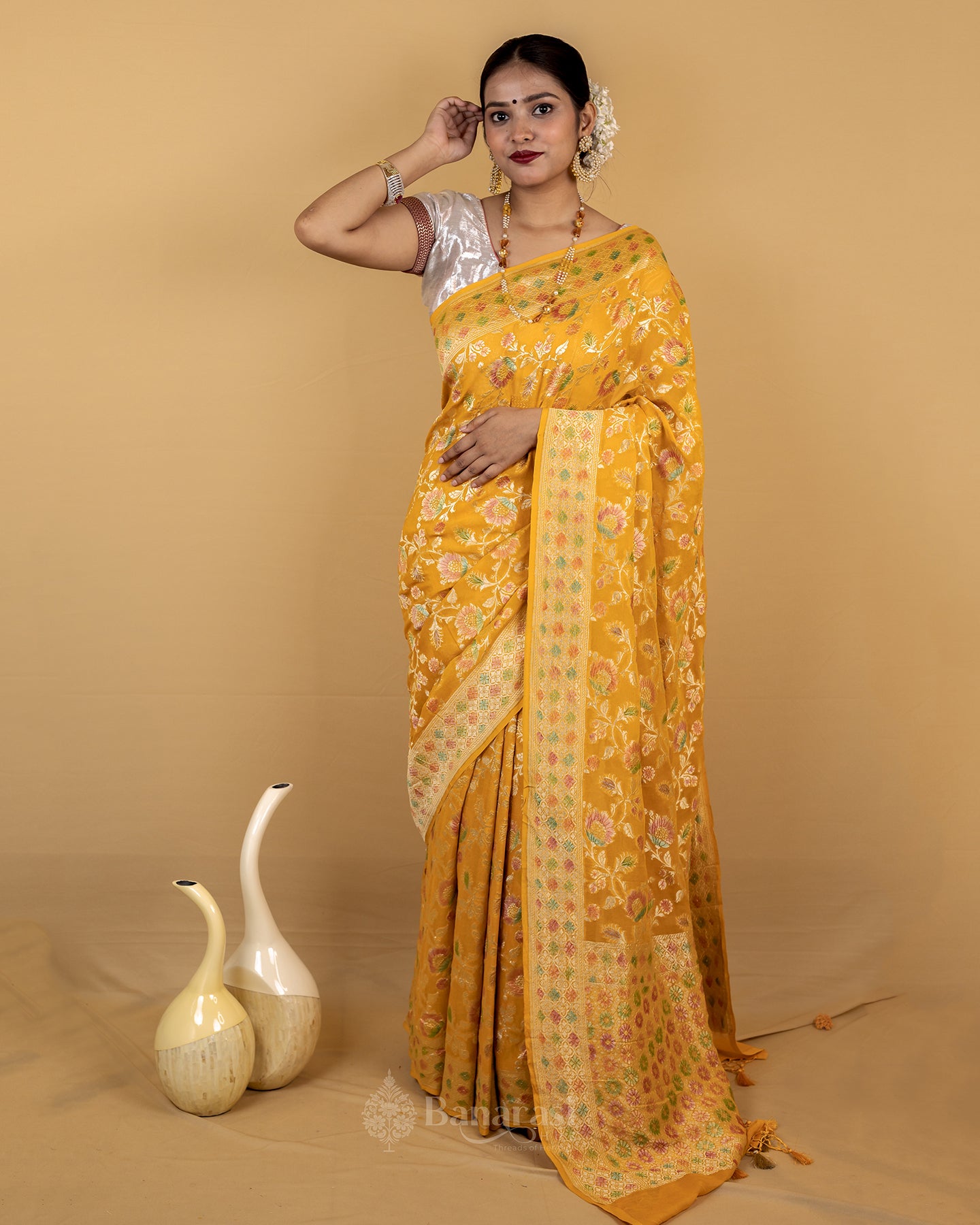 Mustard Gold Meenakari Khaddi Banarasi Georgette Silk Saree