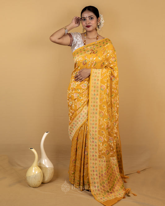 Mustard Gold Meenakari Khaddi Banarasi Georgette Silk Saree