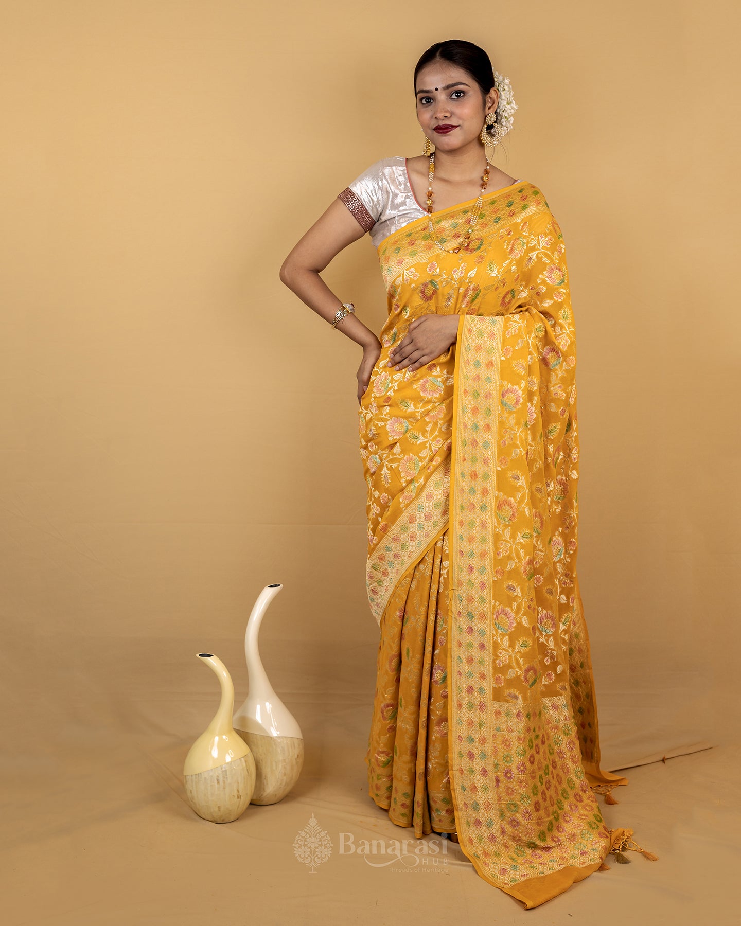 Mustard Gold Meenakari Khaddi Banarasi Georgette Silk Saree