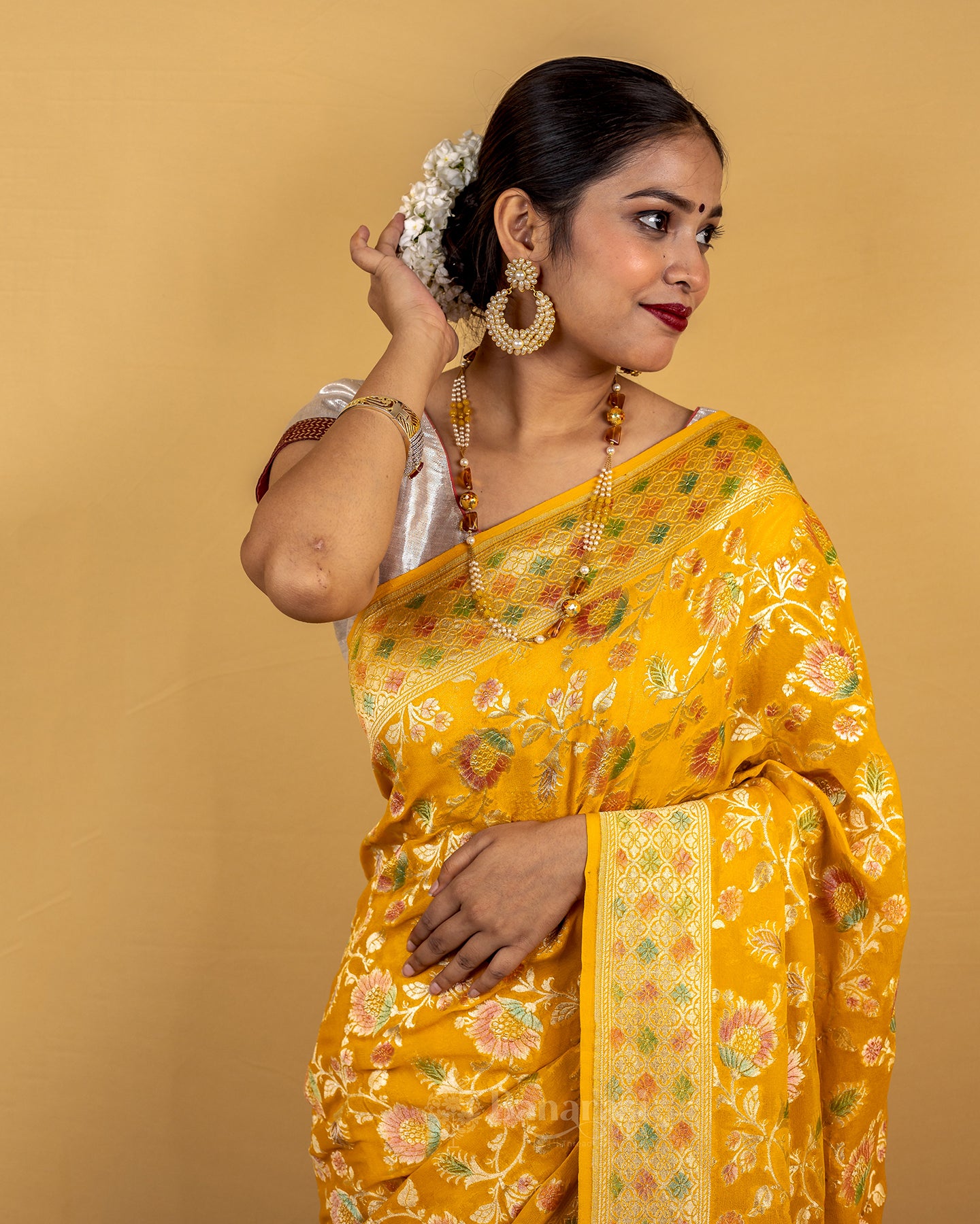 Mustard Gold Meenakari Khaddi Banarasi Georgette Silk Saree
