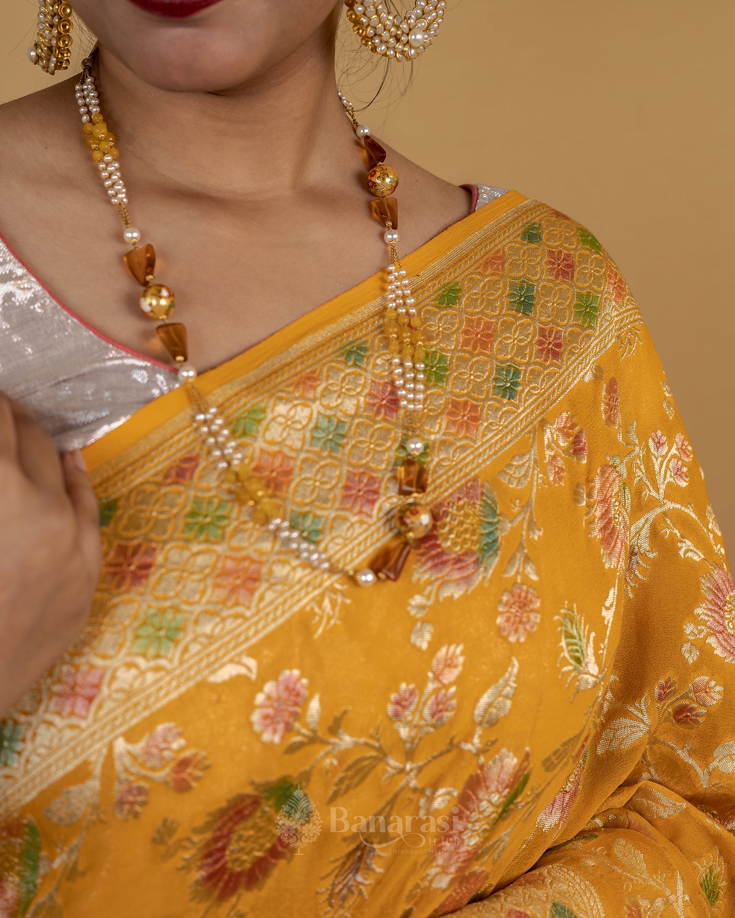 Mustard Gold Meenakari Khaddi Banarasi Georgette Silk Saree
