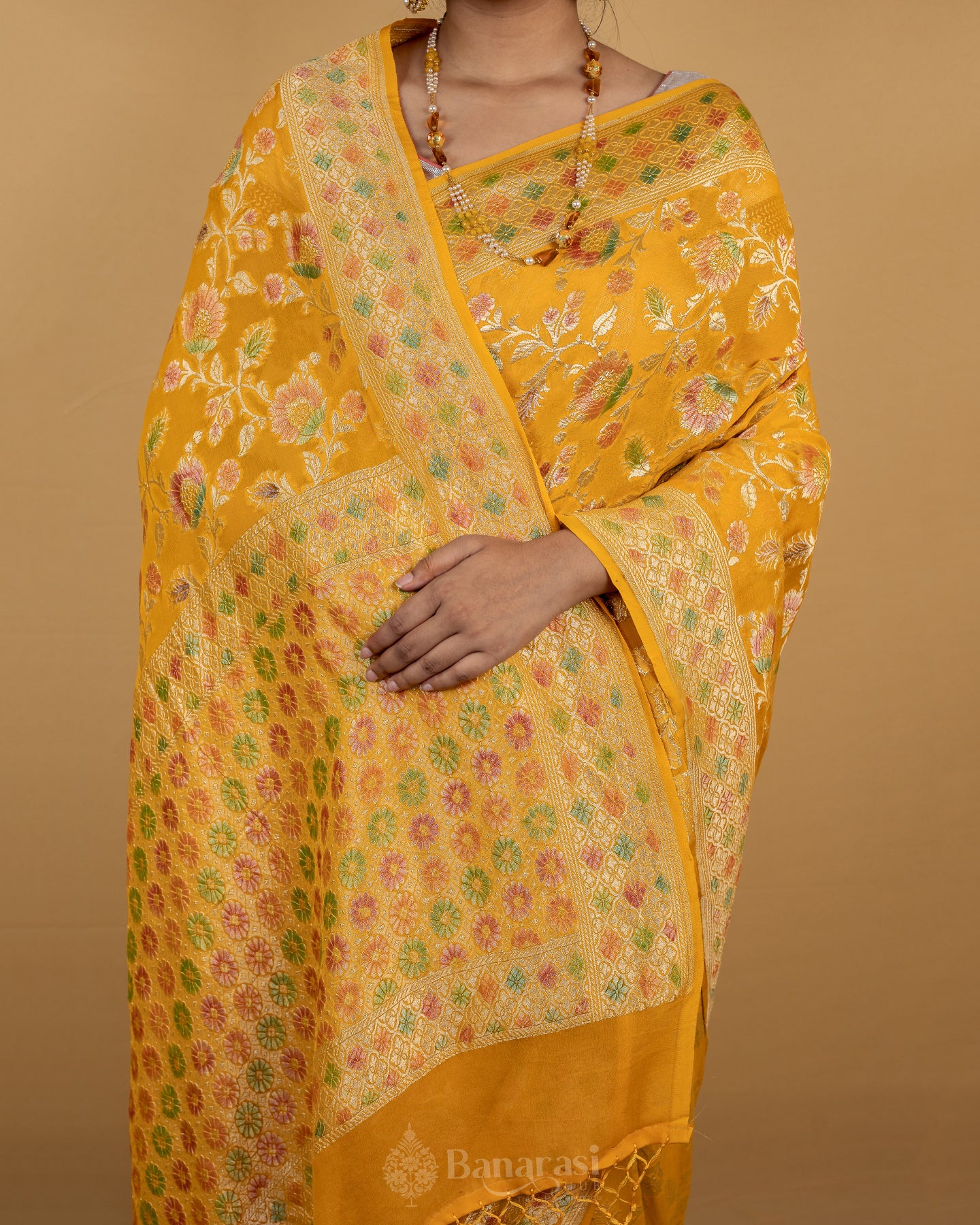 Mustard Gold Meenakari Khaddi Banarasi Georgette Silk Saree