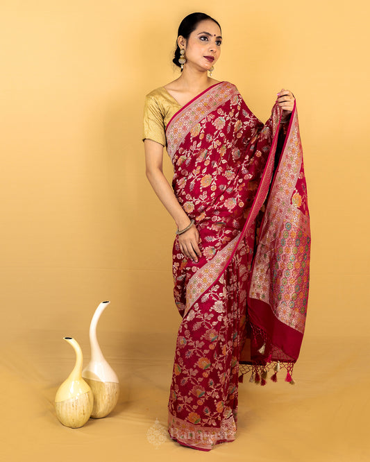 Rani Meenakari Handwoven Khaddi Banarasi Georgette Silk Saree