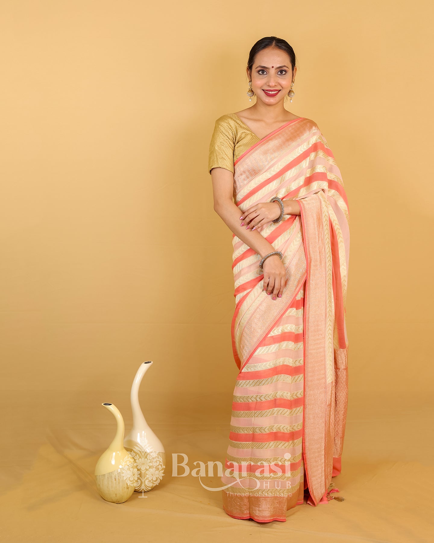 Peachy Pink Rangkat Khaddi Banarasi Georgette Silk Saree