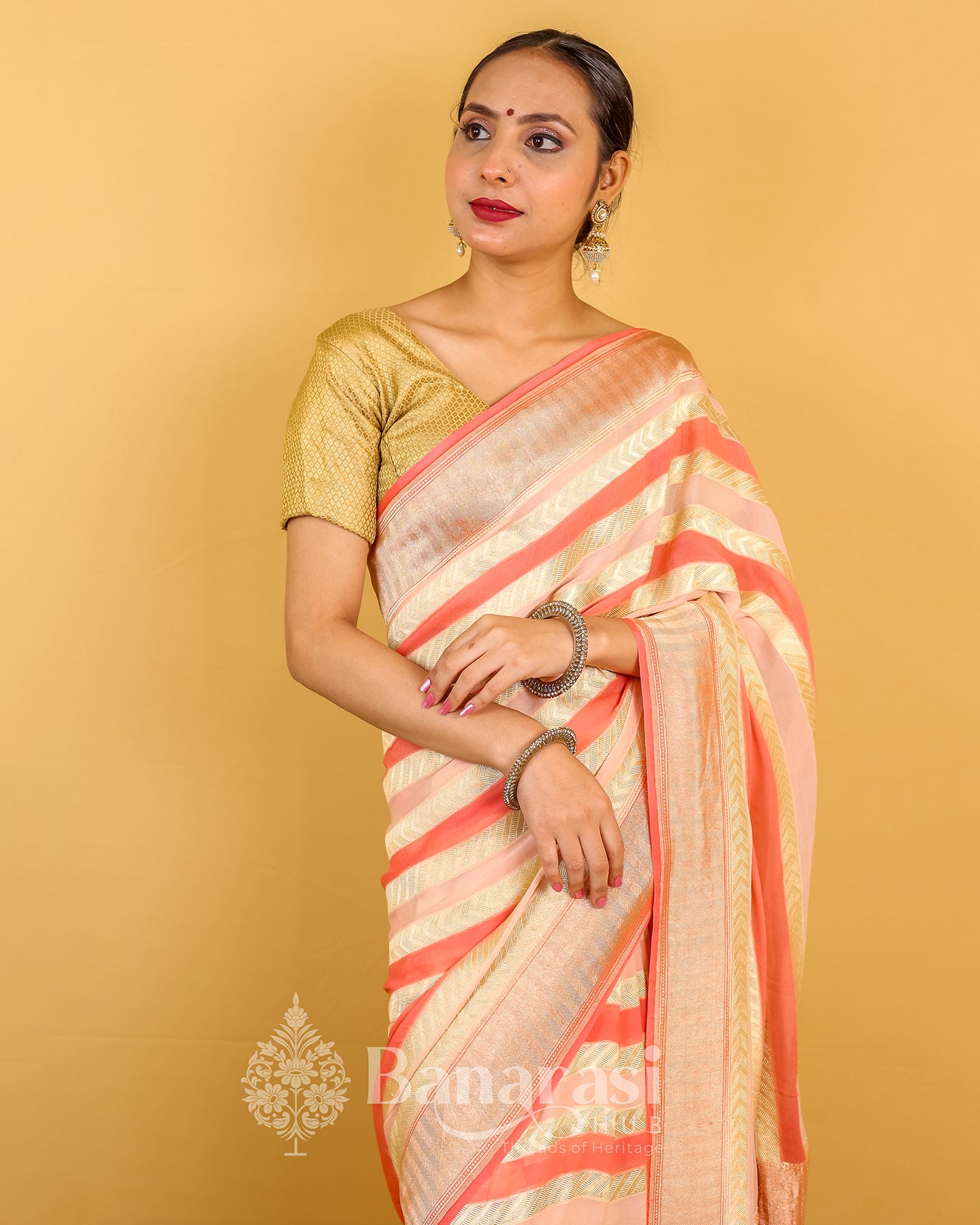 Peachy Pink Rangkat Khaddi Banarasi Georgette Silk Saree