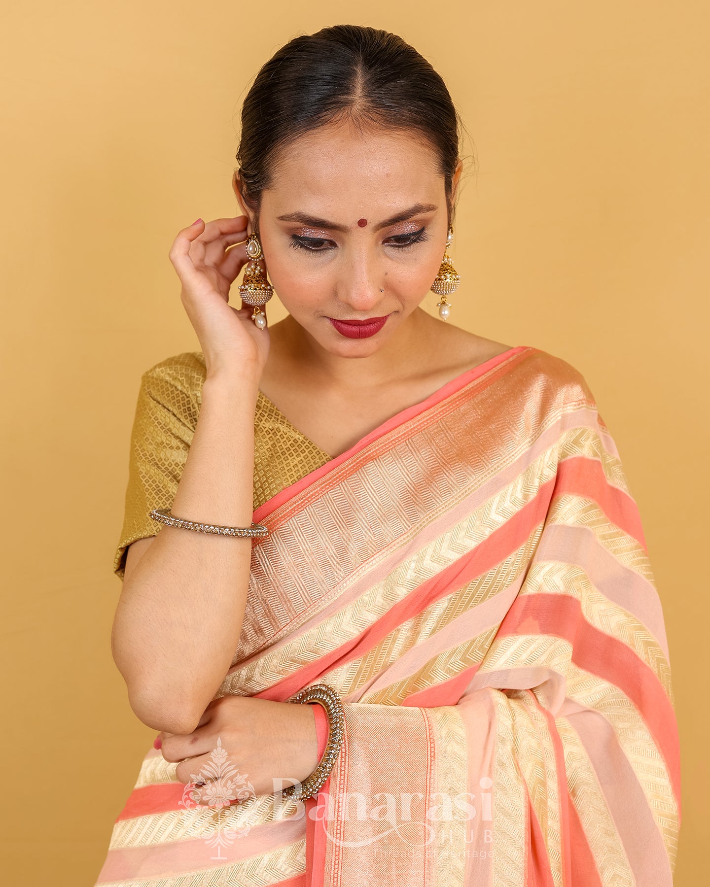 Peachy Pink Rangkat Khaddi Banarasi Georgette Silk Saree