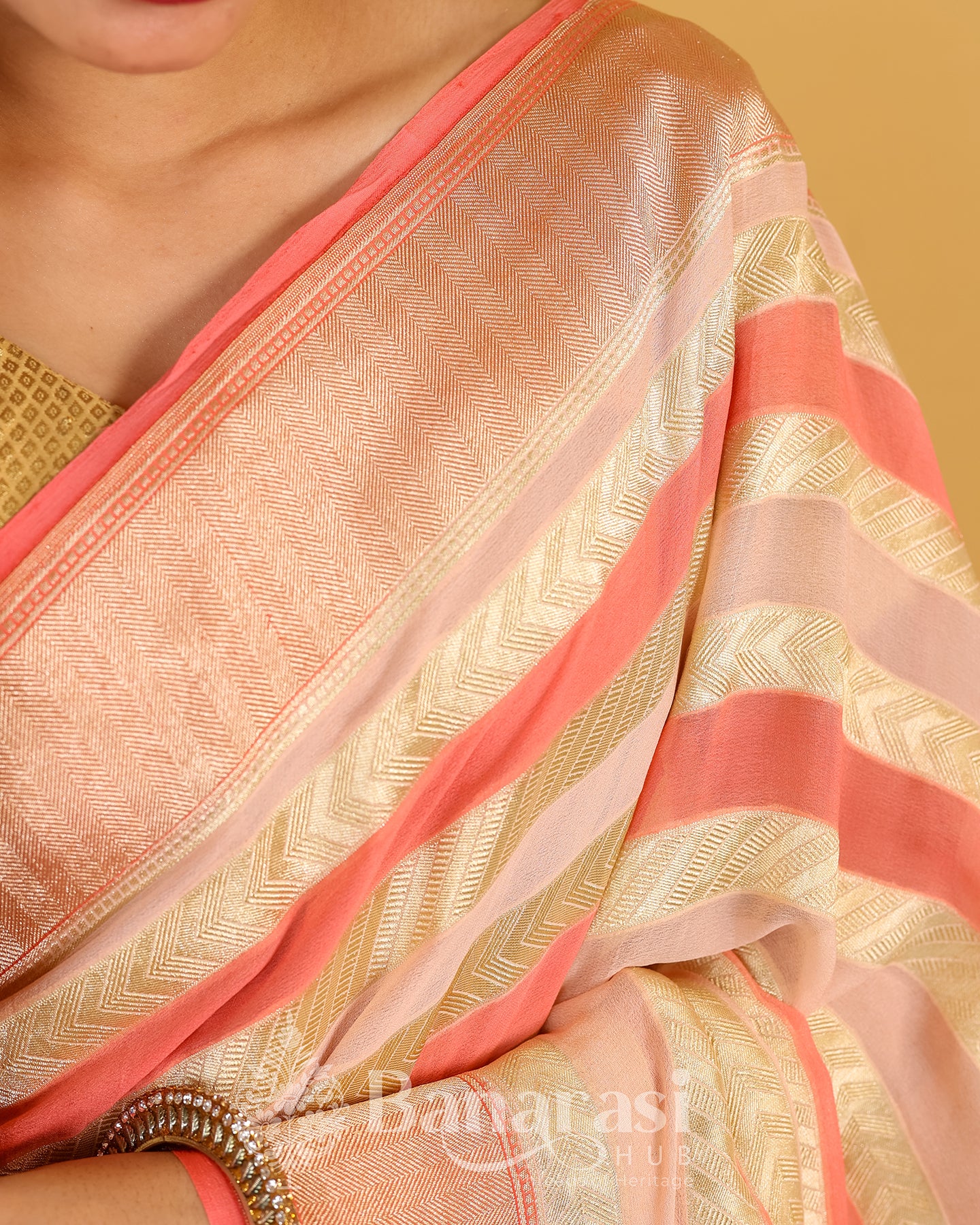 Peachy Pink Rangkat Khaddi Banarasi Georgette Silk Saree