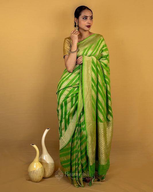 Pista Green Handwoven Khaddi Banarasi Georgette Silk Saree