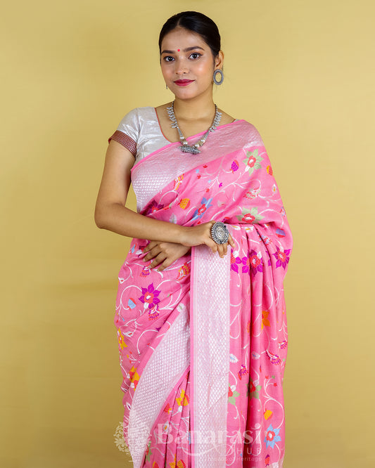Peachy Pink Floral Handwoven Tussar Banarasi Khaddi Silk Saree
