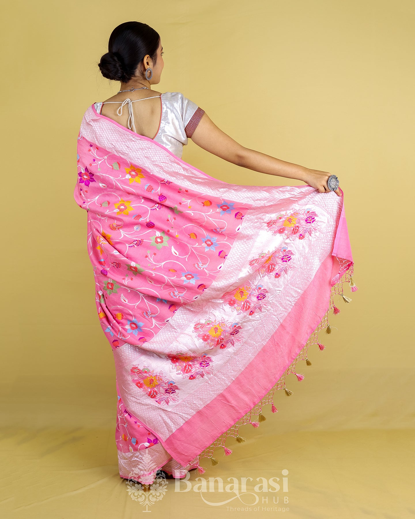 Peachy Pink Floral Handwoven Tussar Banarasi Khaddi Silk Saree