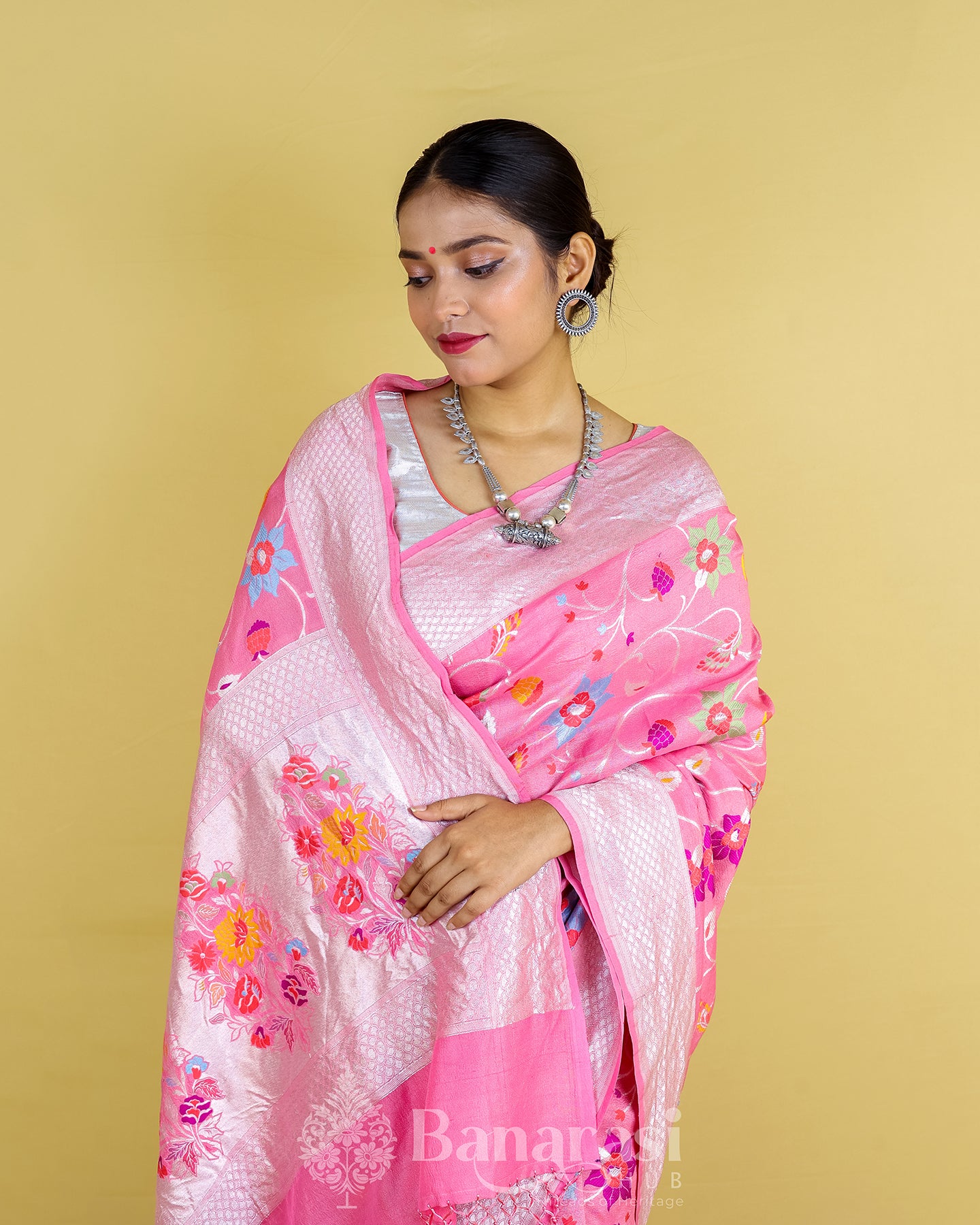 Peachy Pink Floral Handwoven Tussar Banarasi Khaddi Silk Saree