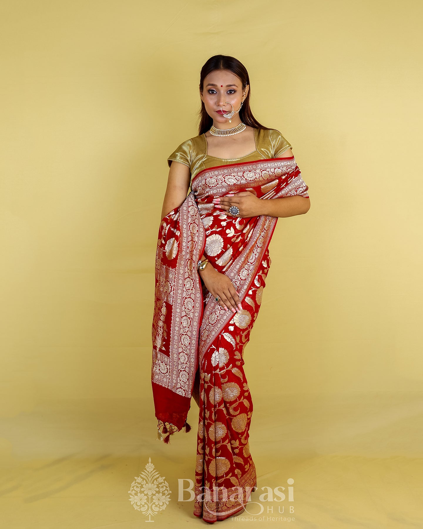 Maroon Floral Handwoven Khaddi Banarasi Georgette Silk Saree