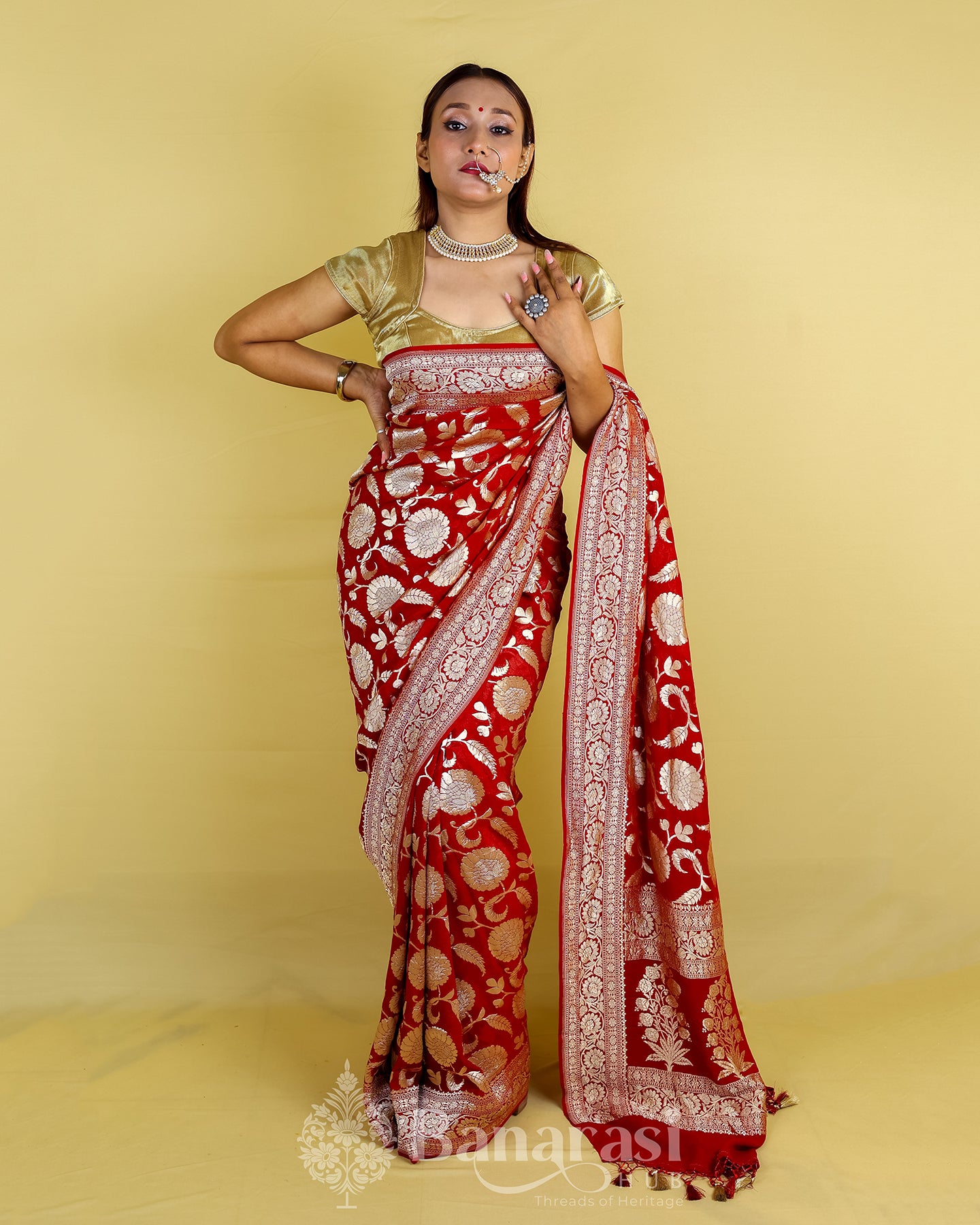 Maroon Floral Handwoven Khaddi Banarasi Georgette Silk Saree