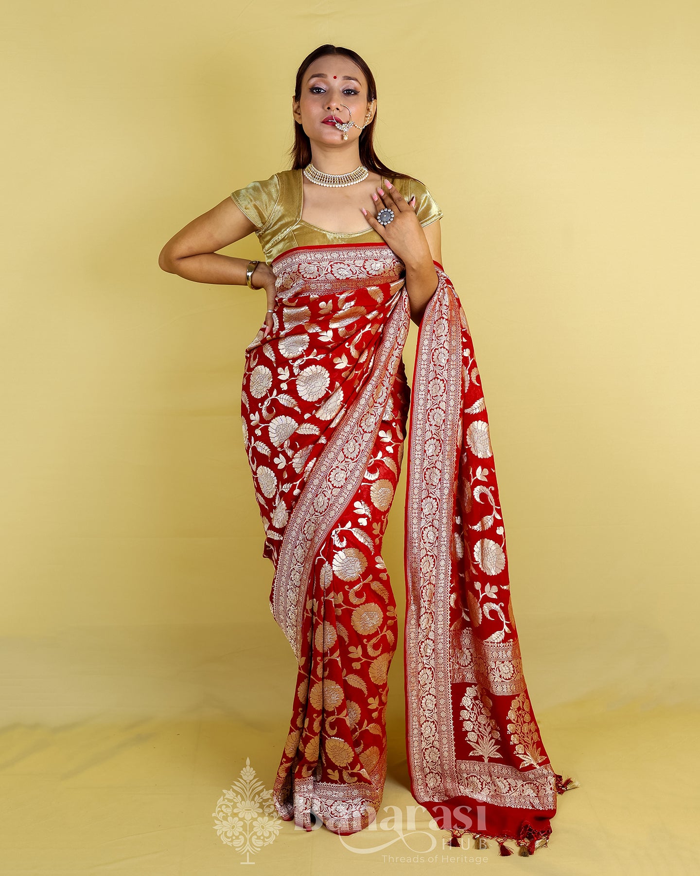 Maroon Floral Handwoven Khaddi Banarasi Georgette Silk Saree