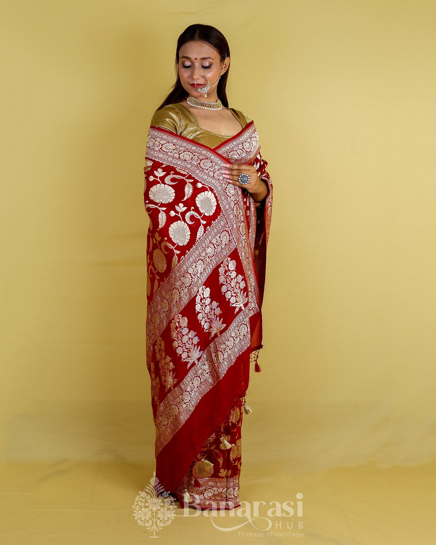 Maroon Floral Handwoven Khaddi Banarasi Georgette Silk Saree